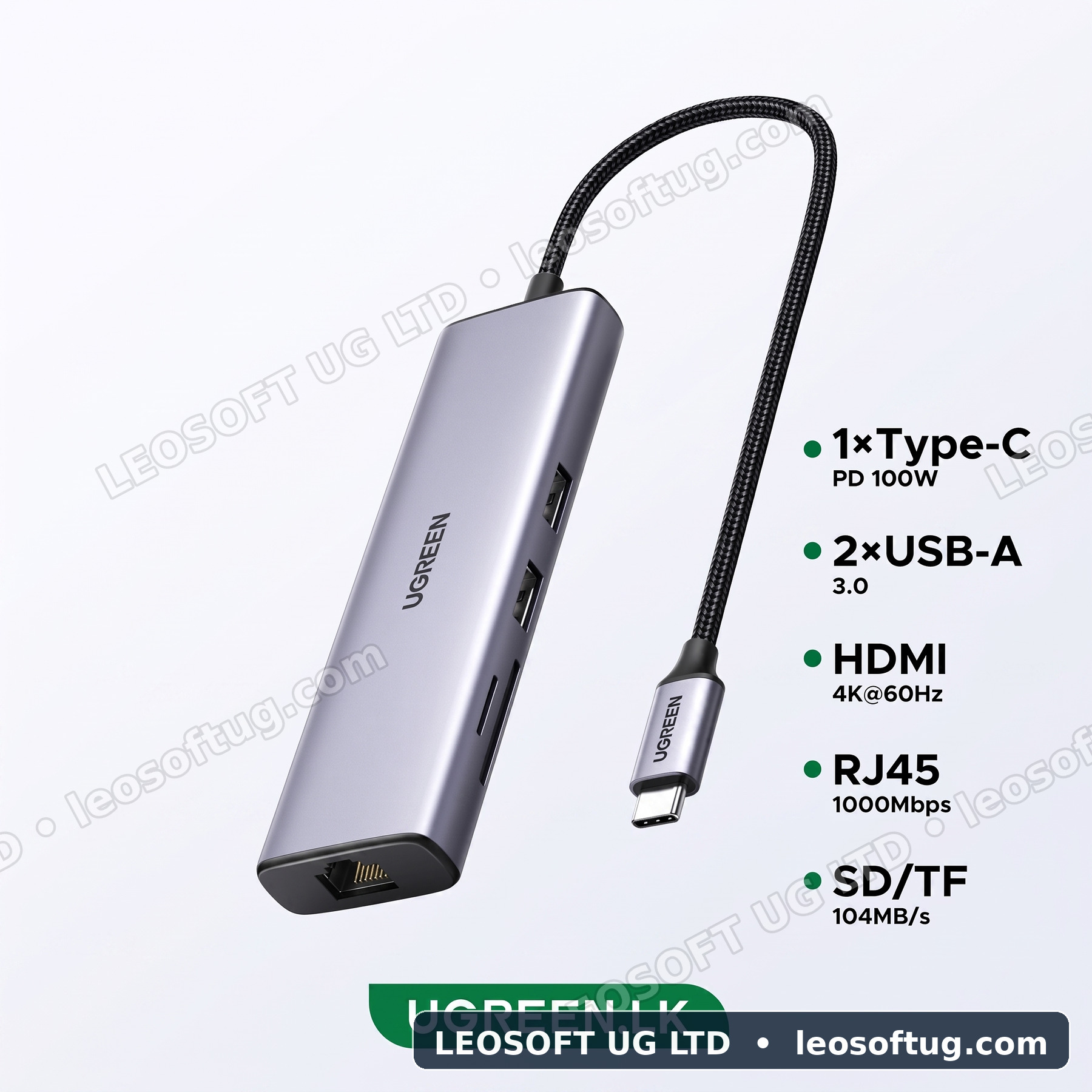 UGREEN 60515 7-in-1 USB-C Hub Adapter (4K@60Hz HDMI, 100W PD, Gigabit Ethernet)